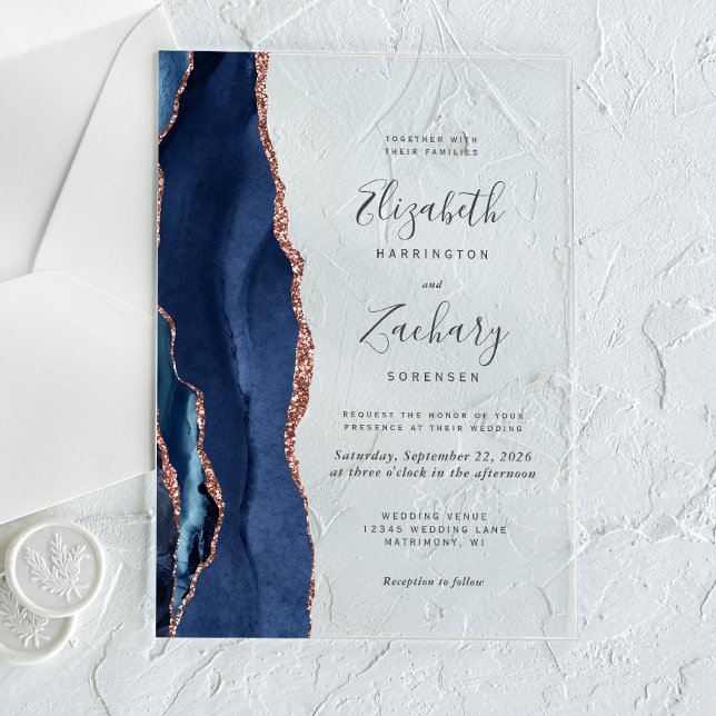 Modern Navy Blue Rose Gold Agate Wedding Acrylic Invitations (Creator Uploaded)