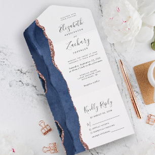 Modern Navy Blue Rose Gold Agate Wedding All In One Invitation