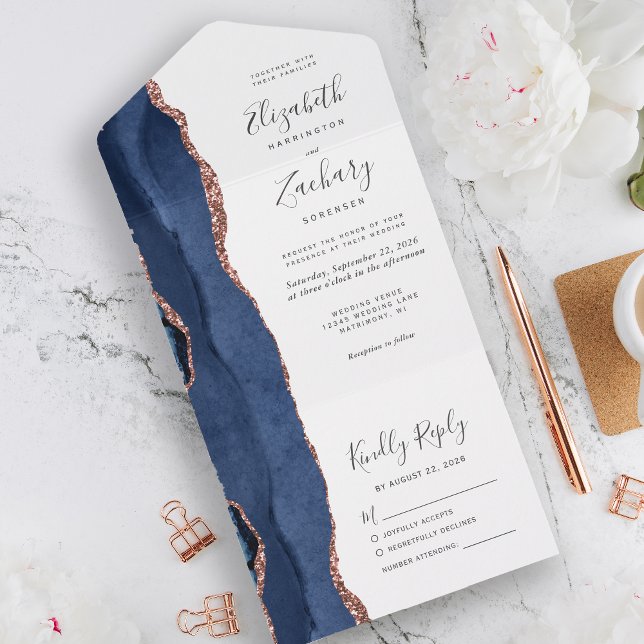 Modern Navy Blue Rose Gold Agate Wedding All In One Invitation (Creator Uploaded)