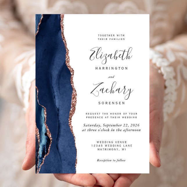 Modern Navy Blue Rose Gold Agate Wedding Invitation (Creator Uploaded)