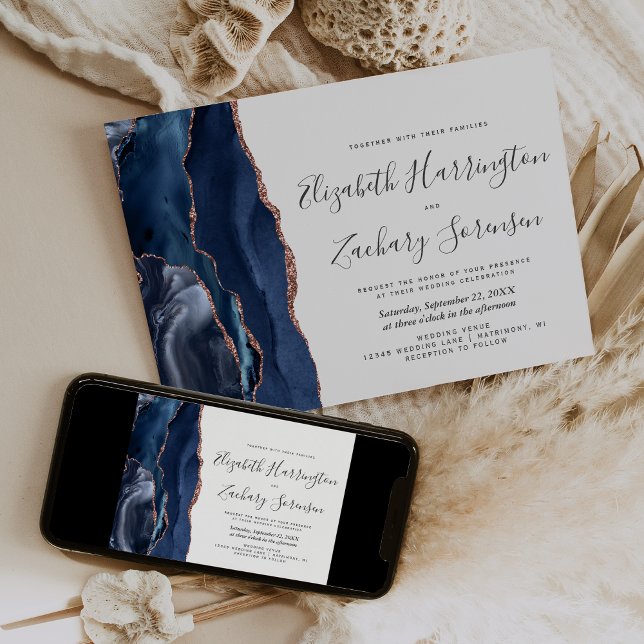 Modern Navy Blue Rose Gold Agate Wedding Invite (Creator Uploaded)