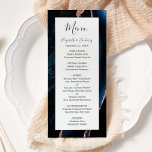 Modern Navy Blue Rose Gold Agate Wedding Menu<br><div class="desc">This elegant,  modern wedding menu features a watercolor navy blue agate background trimmed with rose gold faux glitter. The text appears in elegant charcoal grey handwriting and copperplate fonts on a white rectangle. The agate design is repeated on the reverse.</div>