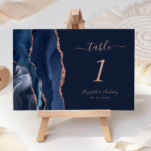 Modern Navy Blue Rose Gold Agate Wedding Table Number