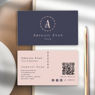 Modern Navy Blue Rose Gold Elegant Monogram Business Card