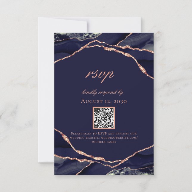 Modern Navy Blue Rose Gold Foil Agate Wedding RSVP Card (Front)