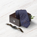 Modern Navy Blue Rose Gold Foil Geometric Monogram Tie<br><div class="desc">Modern Navy Blue Rose Gold Foil Geometric Monogram Necktie in a stylish pattern of copper rose gold hexagons on an elegant navy blue background. Easy to customise with text, fonts, and colours. Created by Zazzle pro designer BK Thompson © exclusively for Cedar and String; please contact us if you need...</div>