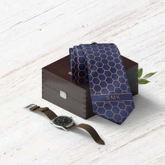Modern Navy Blue Rose Gold Foil Geometric Monogram Tie