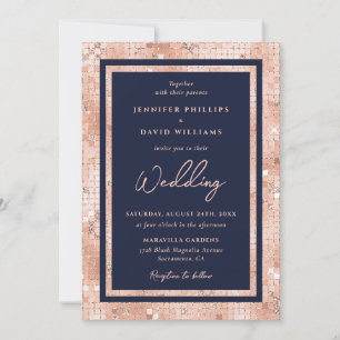 Modern Navy Blue Rose Gold Foil Glitter Wedding Invitation