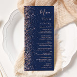 Modern Navy Blue Rose Gold Glitter Edge Wedding Menu<br><div class="desc">The left-hand edge of this elegant modern wedding menu features a rose gold faux glitter design. The customisable text combines rose pink handwriting,  copperplate and italic fonts on a navy blue background. The reverse side features a matching navy blue and rose gold glitter design.</div>