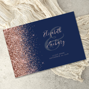 Modern Navy Blue Rose Gold Glitter Script Guest Book