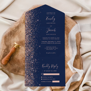 Modern Navy Blue Rose Gold Glitter Wedding All In One Invitation