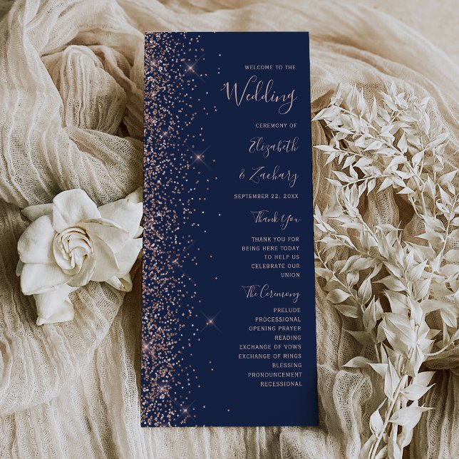 Modern Navy Blue Rose Gold Glitter Wedding Programme (Creator Uploaded)