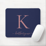 Modern Navy Blue Rose Gold Monogram Script Mouse Mat<br><div class="desc">Modern Elegant Pink Rose Gold Monogram Script on a chic navy blue mouse pad. Easy to customise with your own name and details. Perfect for your modern minimalist yet luxury lifestyle! Please contact us at cedarandstring@gmail.com if you need assistance with the design or matching products.</div>
