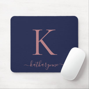Modern Navy Blue Rose Gold Monogram Script Mouse Mat