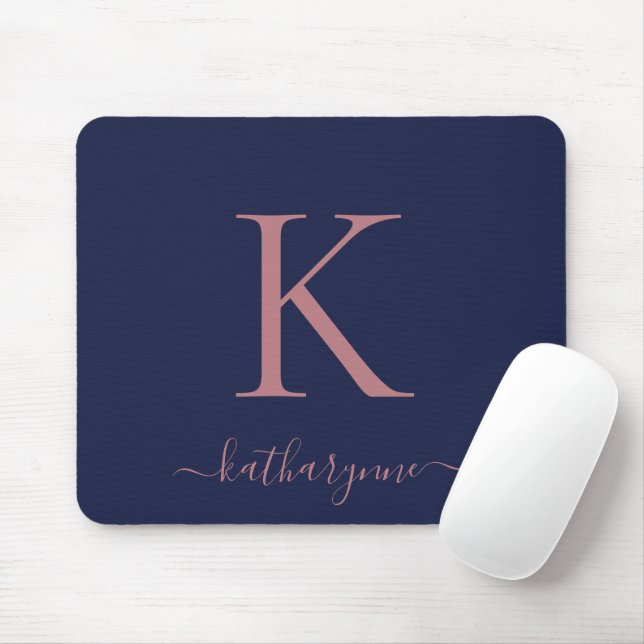 Modern Navy Blue Rose Gold Monogram Script Mouse Mat (With Mouse)
