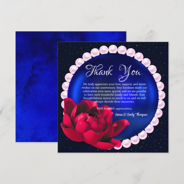 Modern Navy-Blue Rose Pearl Wedding Anniversary  Thank You Card (Front/Back)