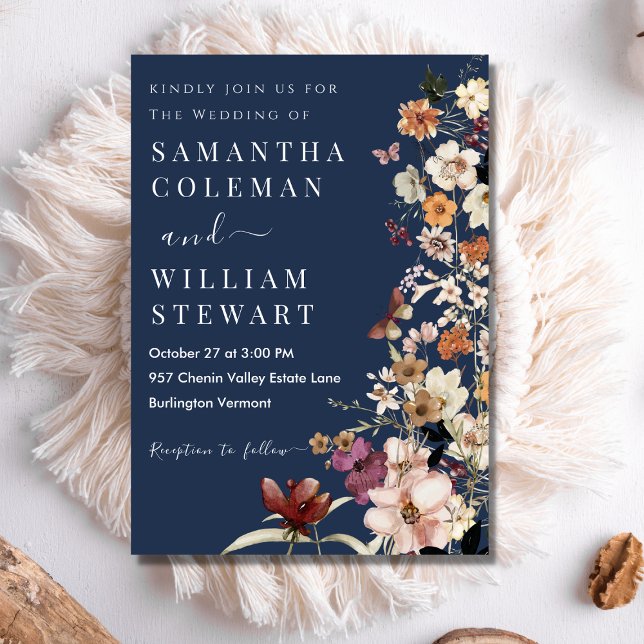 Modern Navy Blue Rustic Boho Wildflower Wedding Invitation (Creator Uploaded)