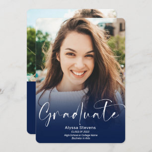 Modern navy blue script 2 photos graduation announcement