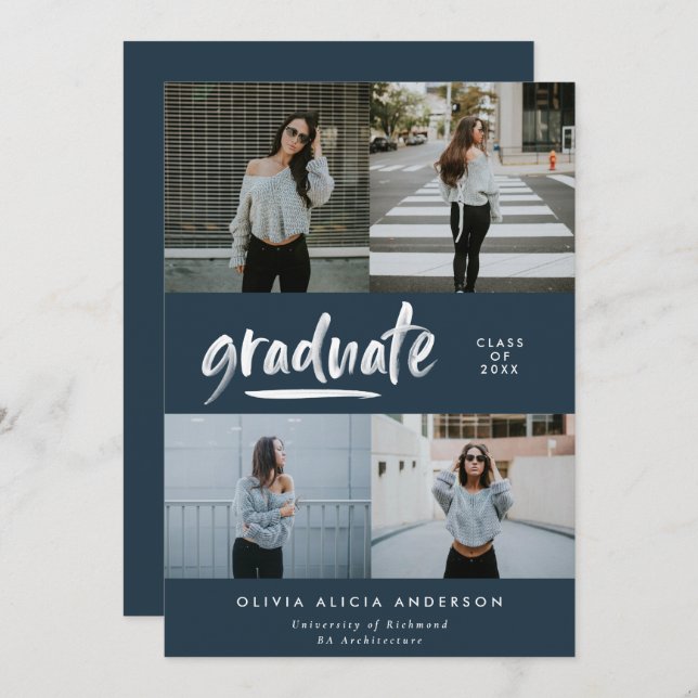 Modern navy blue script 4 photo stylish graduation invitation (Front/Back)