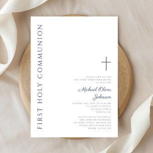 Modern Navy Blue Script First Holy Communion Invitation