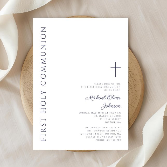 Modern Navy Blue Script First Holy Communion Invitation (Modern Navy Blue Script First Holy Communion Invitation)