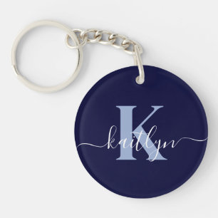 Modern Navy Blue Script Monogram Key Ring
