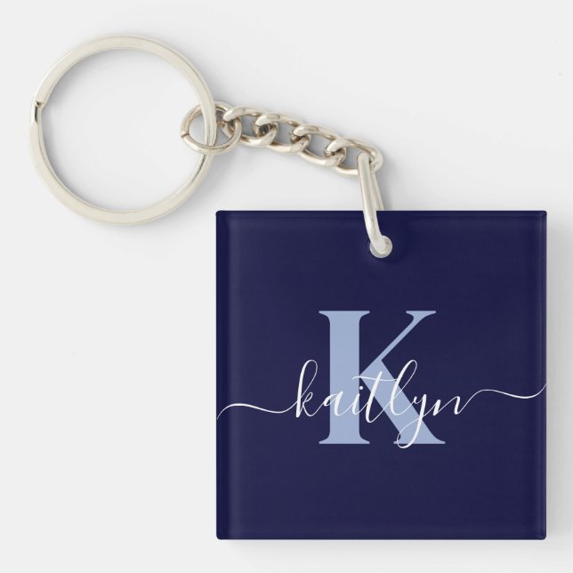 Modern Navy Blue Script Monogram Key Ring (Front)