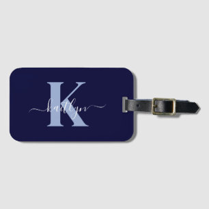 Modern Navy Blue Script Monogram Luggage Tag