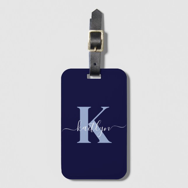 Modern Navy Blue Script Monogram Luggage Tag (Front Vertical)