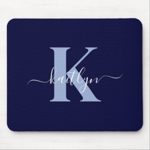 Modern Navy Blue Script Monogram Mouse Mat