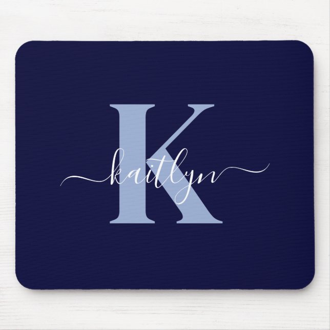Modern Navy Blue Script Monogram Mouse Mat (Front)