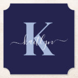 Modern Navy Blue Script Monogram Paper Coaster<br><div class="desc">These simple, elegant navy blue ticket shaped paper coasters with your first name in a trendy script font in white typed over your first initial in a modern cap font in light blue are perfect for keeping your tables and counters free from water rings. They absorb droplets so you don't...</div>