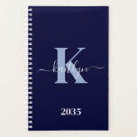 Modern Navy Blue Script Monogram Planner<br><div class="desc">This simple, elegant navy blue 5.5 x 8.5 soft planner with your first name in a trendy script font in white typed over your first initial in a modern cap font in light blue is perfect for you. It's stylish and trendy and yet very classic. It will make keeping appointments,...</div>