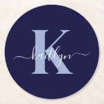 Modern Navy Blue Script Monogram Round Paper Coaster<br><div class="desc">These simple, elegant navy blue round paper coasters with your first name in a trendy script font in white typed over your first initial in a modern cap font in light blue are perfect for keeping your tables and counters free from water rings. They absorb droplets so you don't have...</div>