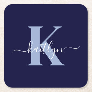Modern Navy Blue Script Monogram Square Paper Coaster