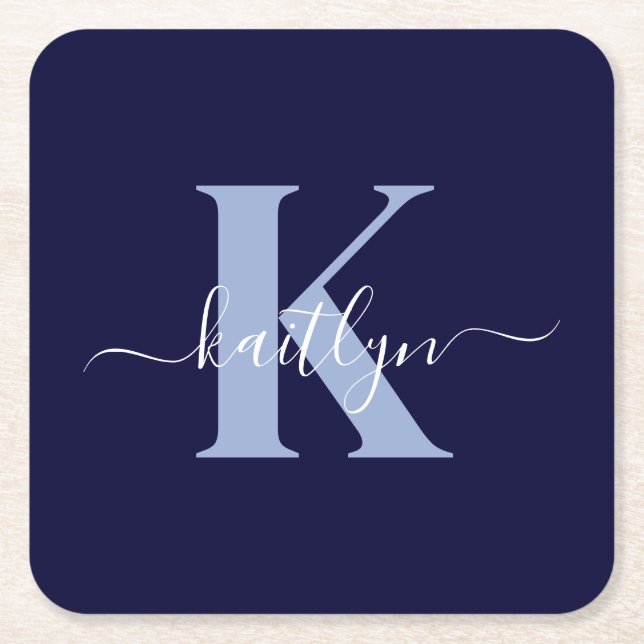 Modern Navy Blue Script Monogram Square Paper Coaster (Front)