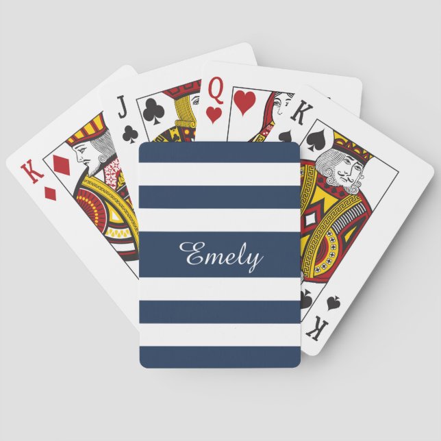Modern Navy Blue Script Name Playing Cards (Back)