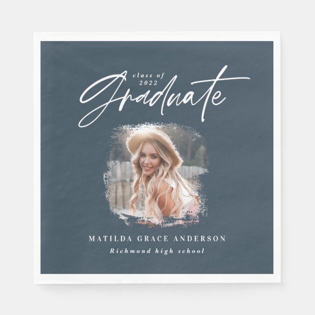 Modern navy blue script photo elegant graduation napkin (Front)