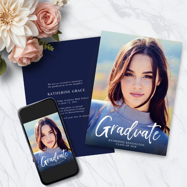 Modern Navy Blue Script Photo Graduation Announcement (Modern Navy Blue Script Photo Graduation Announcement with Instant Download)