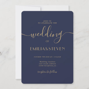 Modern navy blue script photo initials wedding invitation