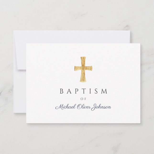 Modern Navy Blue Script Religious Boy Baptism  RSVP Card (Back)