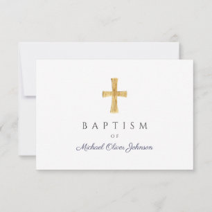 Modern Navy Blue Script Religious Boy Baptism RSVP Card