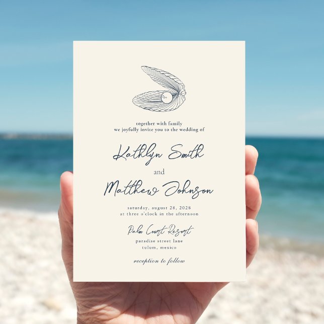 Modern Navy Blue Shell Beach Destination Wedding Invitation (Creator Uploaded)