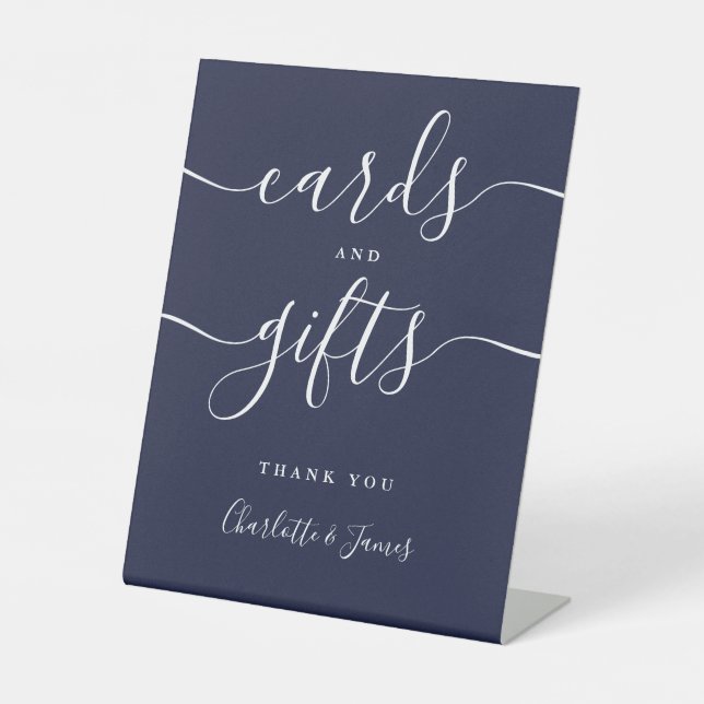 Modern Navy Blue Signature Script Cards And Gifts Pedestal Sign (Front)