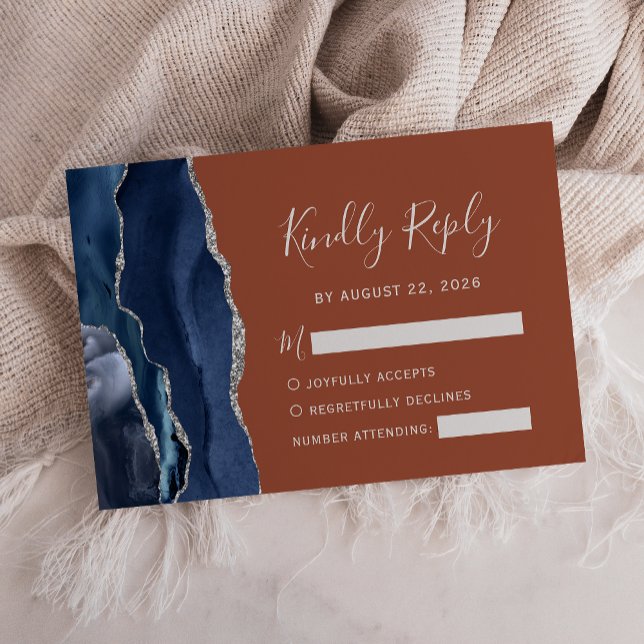 Modern Navy Blue Silver Agate Burnt Orange Wedding RSVP Card (Creator Uploaded)