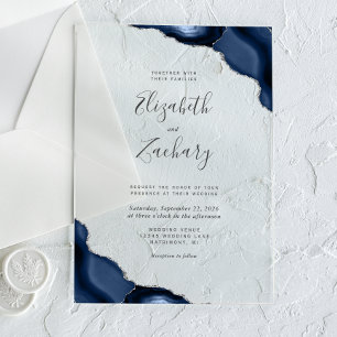 Modern Navy Blue Silver Agate Corners Wedding Acrylic Invitations