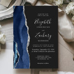 Modern Navy Blue Silver Agate Dark Wedding Invitation<br><div class="desc">The left-hand edge of this elegant modern wedding invitation features a navy blue watercolor agate border trimmed with faux silver glitter. The customisable text combines handwriting, copperplate and italic fonts in light silver grey on a dark charcoal grey background. The reverse side features a matching navy blue and silver agate...</div>