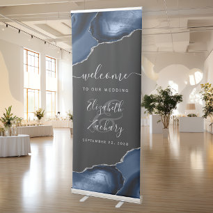 Modern Navy Blue Silver Agate Dark Wedding Welcome Retractable Banner