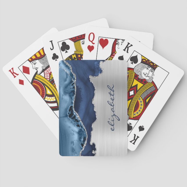 Modern Navy Blue Silver Agate Metallic Playing Cards (Back)