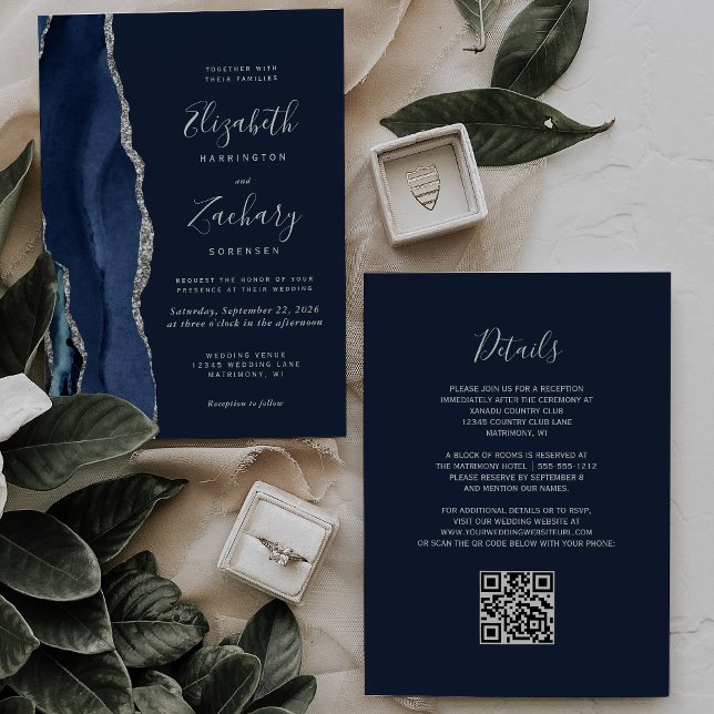 Modern Navy Blue Silver Agate QR Code Wedding Invitation (Creator Uploaded)